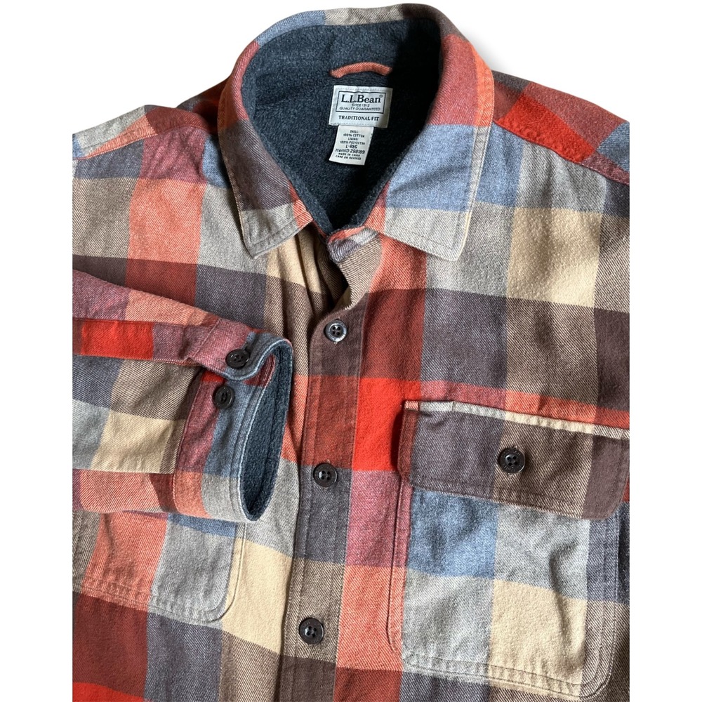 LL Bean Mens Fleece Lined Flannel Shirt Jacket Red Blue Plaid Large 298189